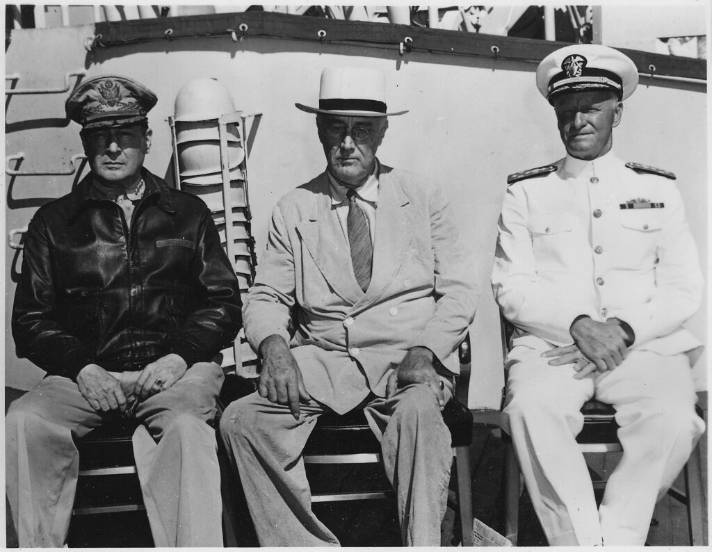 President Roosevelt, General MacArthur, and Admiral Nimitz in Pearl Harbor, 1944 President Franklin D. Roosevelt with General Douglas MacArthur and Admiral Chester W. Nimitz during a Pacific strategy conference at Pearl Harbor, Hawaii, July 1944