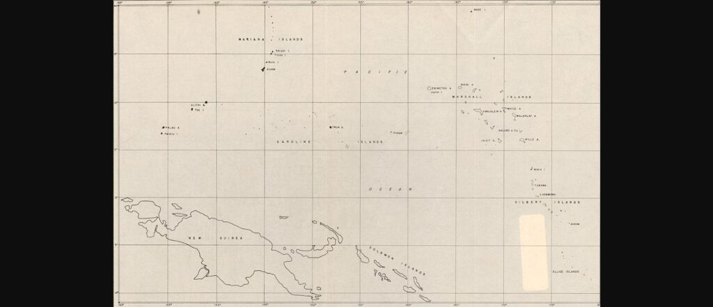 Historical map of the Central Pacific Area showing the Mariana, Caroline, Marshall, and Gilbert Islands